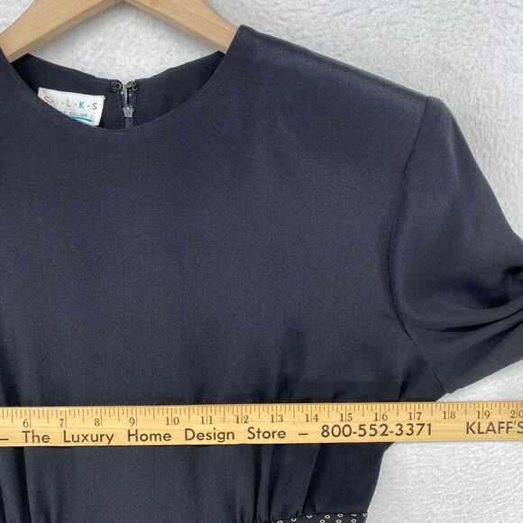 ST. GILLIAN SILKS Dress 4 Sheath Midi Printed Draped Long Sleeve Black Vintage - Picture 10 of 13